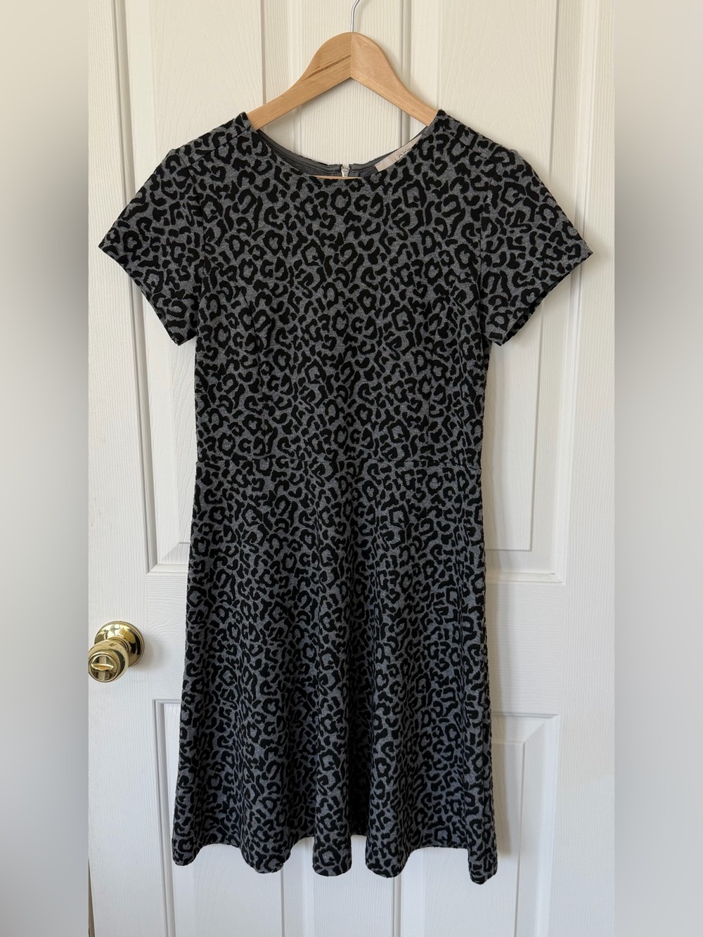LOFT Black and Grey Short Sleeve Leopard Print Fit & Flare Dress